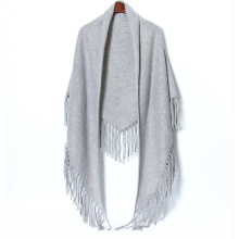 PK18CH008 100% cashmere knit poncho triangle shawl tassel fringe poncho